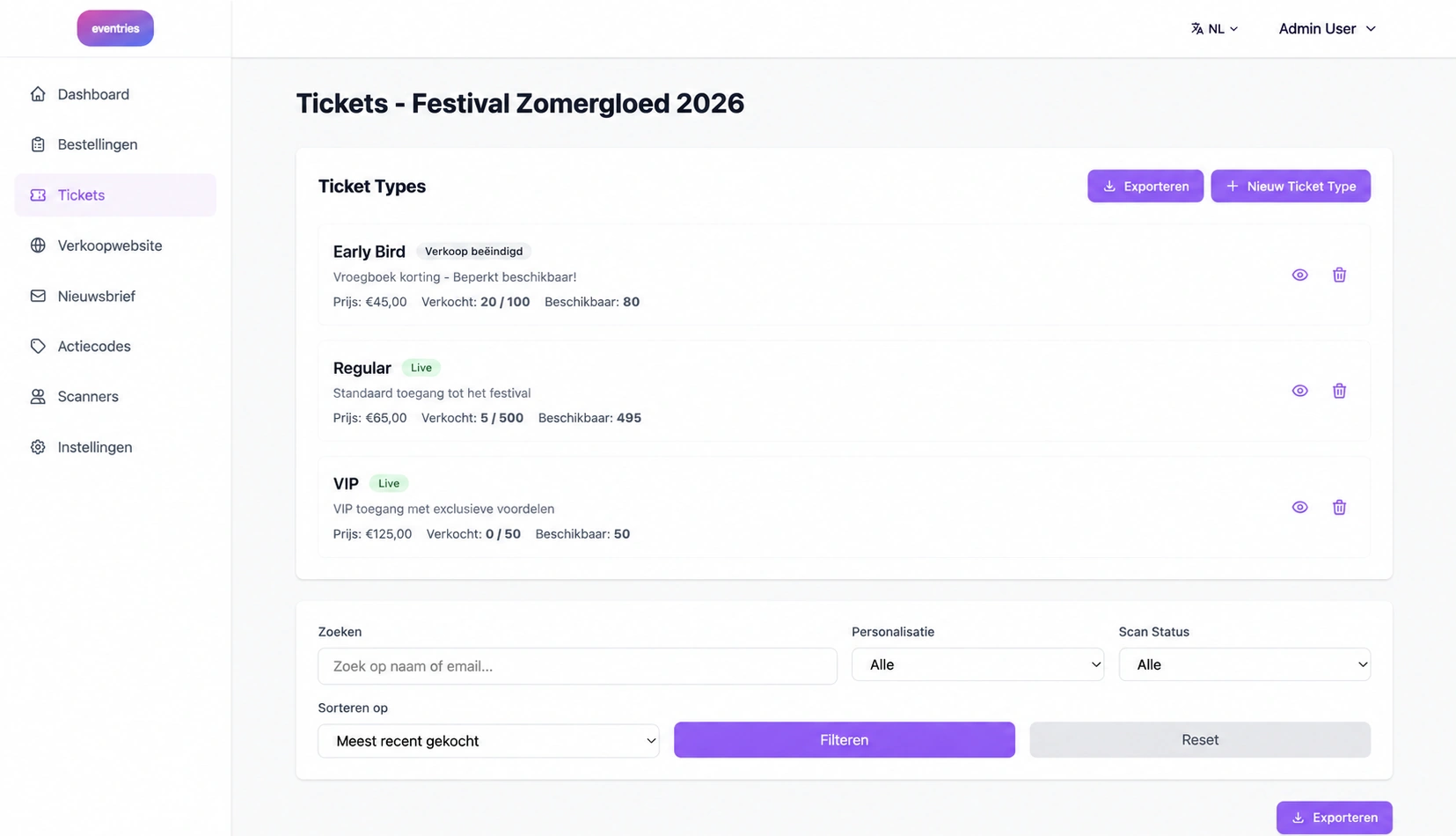 Eventries-scherm voor het beheren van tickettypes